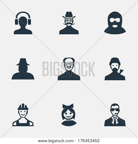 Vector Illustration Set Of Simple Member Icons. Elements Girl Face, Felon, Moustache Man And Other Synonyms Felon, Mustaches And Culprit.