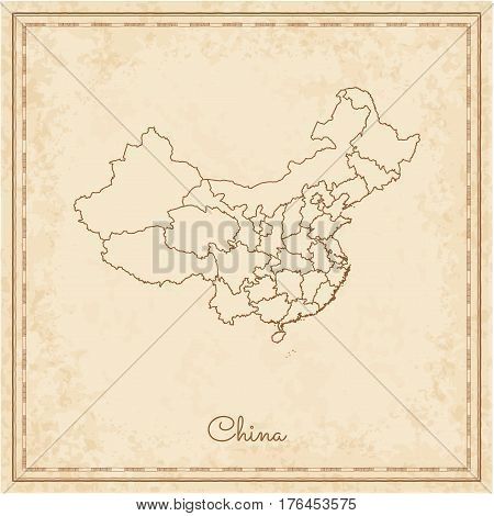 China Region Map: Stilyzed Old Pirate Parchment Imitation. Detailed Map Of China Regions. Vector Ill