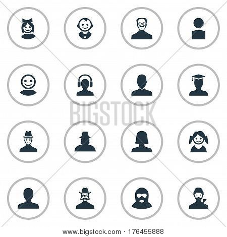 Vector Illustration Set Of Simple Human Icons. Elements Job Man, Woman User, Felon And Other Synonyms Offender, Mustache And Girl.