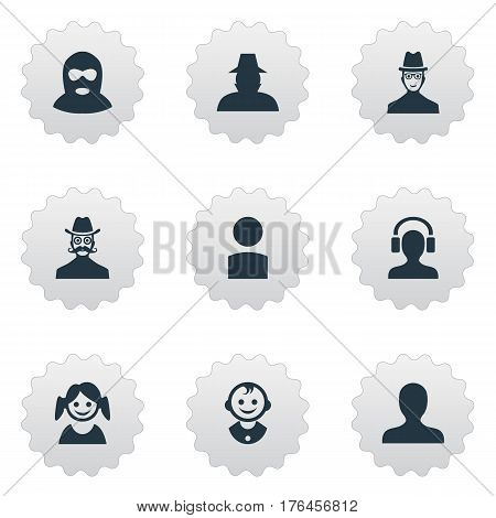 Vector Illustration Set Of Simple Human Icons. Elements Little Girl, Insider, Moustache Man And Other Synonyms Daughter, Mustache And Spy.