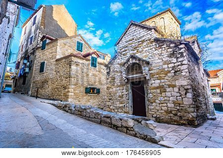 Old medieval street in city center of old town Split, popular touristic destination in Croatia.