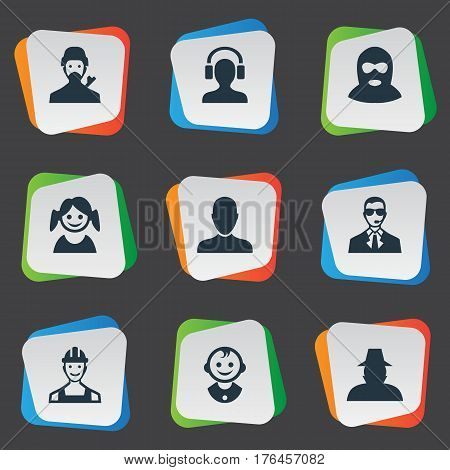 Vector Illustration Set Of Simple Human Icons. Elements Mysterious Man, Male With Headphone, Proletarian And Other Synonyms Headphone, Inspector And Small.