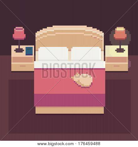 Pixel art cozy bedroom, double bed, bedside tables, lamp, sleeping cat