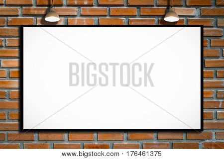 Huge poster advertising billboard on brick wall with lamp Advertising poster sign Template mock up for adding your design and adding more text. text.