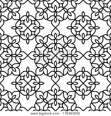 Black and white background. Regular pattern with Moroccan-styled floral elements. Vector seamless repeat.