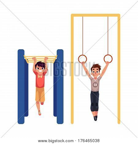 Teenage Caucasian boys hanging on gymnastic rings and monkey bars at the playground, cartoon vector illustration isolated on white background. Boys doing gymnastic exercises at the playground