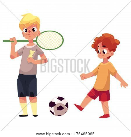 Two boys playing badminton and football at the playground, cartoon vector illustration isolated on white background. Boy friends playing with badminton racket, birdie, football ball at the playground