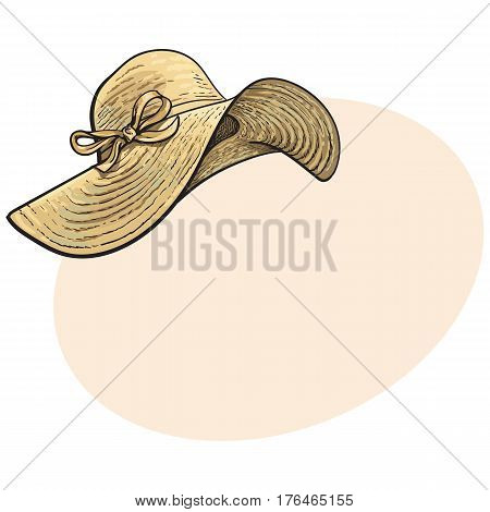 Fashionable straw hat with wide flaps, summer vacation attribute, sketch vector illustration with place for text. Hand drawn floppy straw hat, symbol of summer vacation