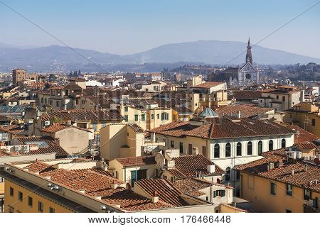 view of the old Florence from the height of the Giotto's bell tower ( Giotto's Campanile ) in Florence, Italy