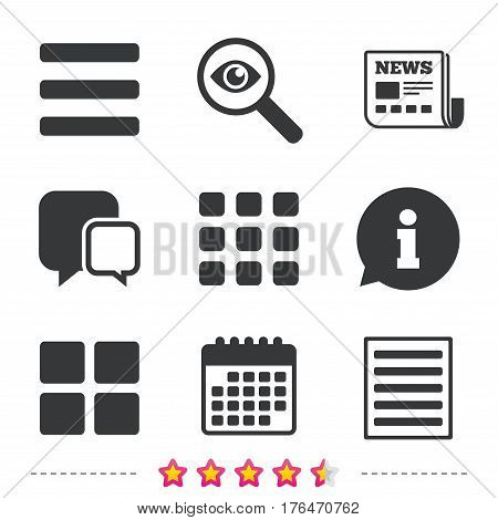 List menu icons. Content view options symbols. Thumbnails grid or Gallery view. Newspaper, information and calendar icons. Investigate magnifier, chat symbol. Vector