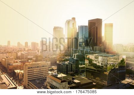 Los Angeles California USA downtown cityscape at sunset