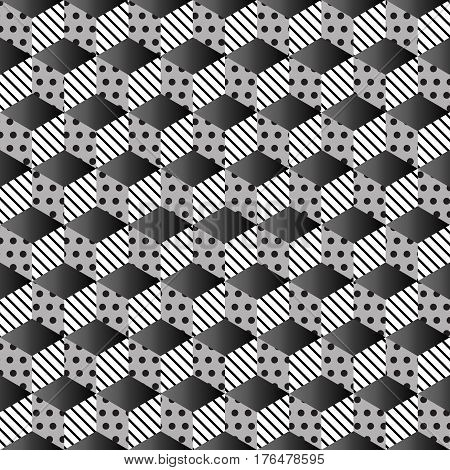 Memphis seamless pattern 80s-90s-vector illustration. Colorful geometric seamless pattern of cubes with different geometrical patterns. Monochrome design cubes.
