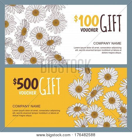 Vector Floral Gift Voucher Template. Colorful Spring Background With Chamomile Flowers.