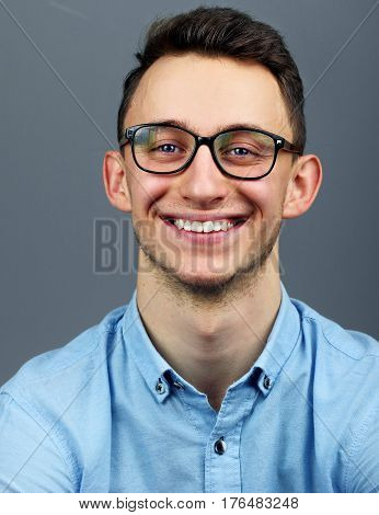 Handsome Young Man, Smiling Wear Glasses Blue Shirt