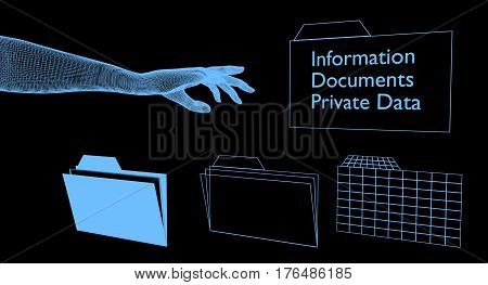 Digital hand reaching for digital folders with private data.