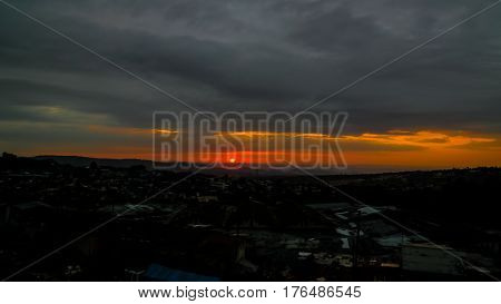 Aerial panorama view to old Harar city aka jugol at sunrise Ethiopia