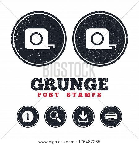 Grunge post stamps. Roulette construction sign icon. Tape measure symbol. Information, download and printer signs. Aged texture web buttons. Vector