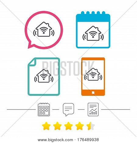 Smart home sign icon. Smart house button. Remote control. Calendar, chat speech bubble and report linear icons. Star vote ranking. Vector