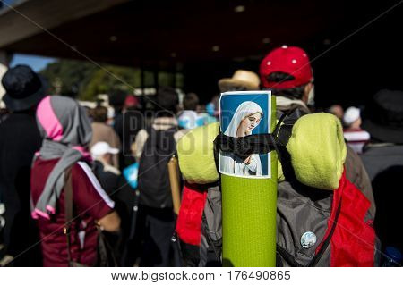 Fatima Portugal - May 13 2014: Pilgrims arriving at the Sanctuary of Fatima during the celebrations of the apparition of the Virgin Mary in Fatima Portugal.
