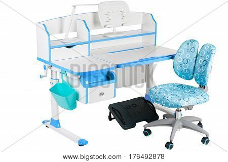 Blue chair school table blue basket desk lamp and black support under legs on the white isolated background.