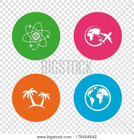 Travel trip icon. Airplane, world globe symbols. Palm tree sign. Travel round the world. Round buttons on transparent background. Vector