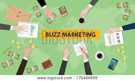 illustration of buzz marketing discussion in a meeting with paperworks, folder document and money on top of table and world map as background vector