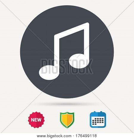 Music icon. Musical note sign. Melody symbol. Calendar, shield protection and new tag signs. Colored flat web icons. Vector