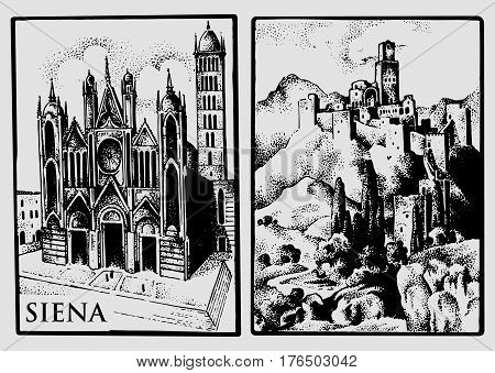 two vintage postcards with landscapes of Tuskany, Italy. Siena Cathedral and castle in the hill vintage lookiing engraved, hand drawn illustration, old.
