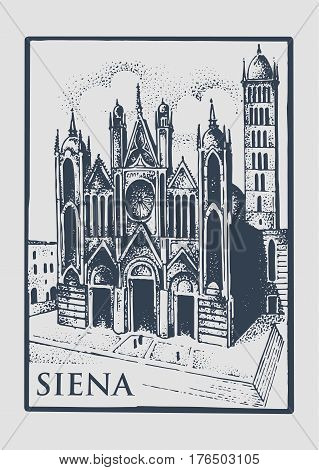 Gotical church in Siena, Tuskany, Italy old looking vintage hand drawn engraved illustration with building and symbol of town cathedral duomo di siena.