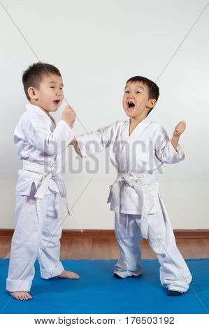 Two Boys Girls Demonstrate Martial Arts Working Together