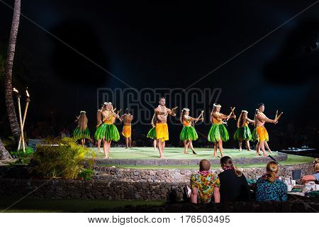 LaHaina Hawaii -- March 11 2017 Dancers Performing at a Luau on the Island of Maui Hawaii