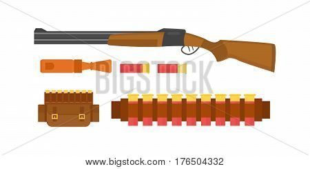 Set of vintage hunting symbols camping objects design elements flat style hunter weapons and forest wild other outfit isolated vector illustration. Aiming outdoors equipment.