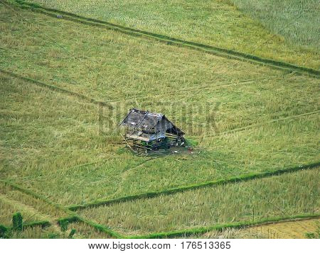Aerial view of farm fields in Vang Vieng Vientien Province Laos. Vang Vieng is a popular destination for adventure tourism in a limestone karst landscape.
