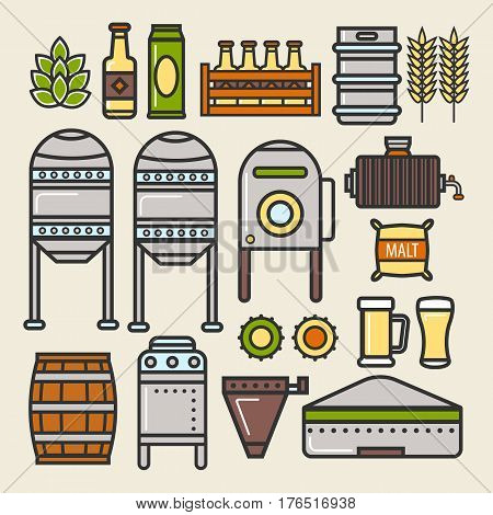 Beer brewing factory process and brewery production line details and elements of brew factory. Details of fermentation vessels or barrels, filtration stations and beer bottles. Vector isolated icons set
