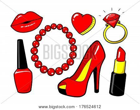 Red kiss lips, nail polish, lipstick, heart, ring, diamand. Women's shoe. Beads necklace. Make up. Fashion style. Vector cartoon elements isolated. Stickers kit, set of icons, patches badge
