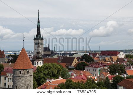 View of St. Olav's Church and the rooftops of Tallinn, Estonia