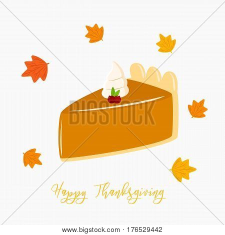 a slice of Thanksgiving pumpkin pie, circle maple leafs vector illustration
