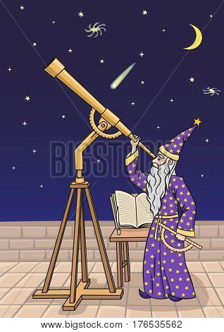 The astronomer observes the night sky through a telescope.