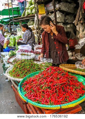 BANGKOK, THAILAND - JANUARY 18, 2014: Vegetables market or Pak Khlong Talat market. Bangkok, Thailand