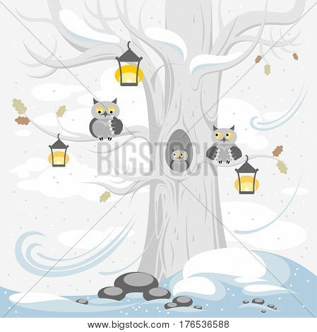 A family of owls on a tree in winter, cute cartoon characters. 
Illustration for posters, banners, cards, and other design projects for children