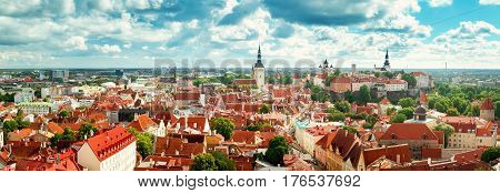 Old Tallinn. Estonia. Panoramic view to toompea buildings from Oleviste church in summer
