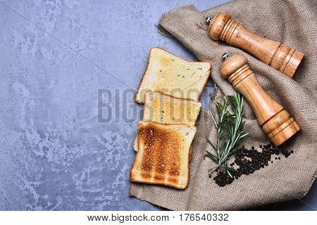 Fried Toast Bread, Wooden Pepperbox, Saltcellar, Rosemary Spice, Pepper, Burlap