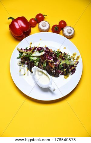 Cooked Meat With Fresh Salad Leaves And Sweet Pepper