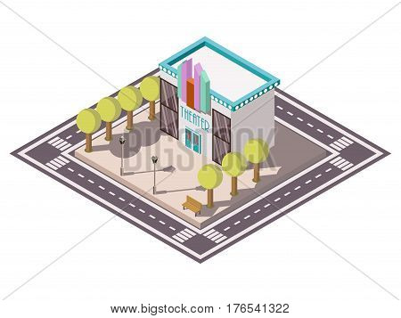 Theatre building isometric composition with road bench and trees vector illustration
