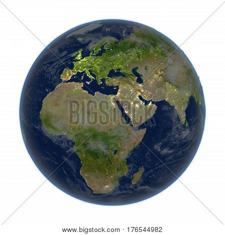 Emea Region On Earth At Night Isolated On White