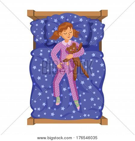 Cartoon smile little girl sleeping in the bed with teddy bear. Sweet dreams. Kid's activity. Vector Illustration