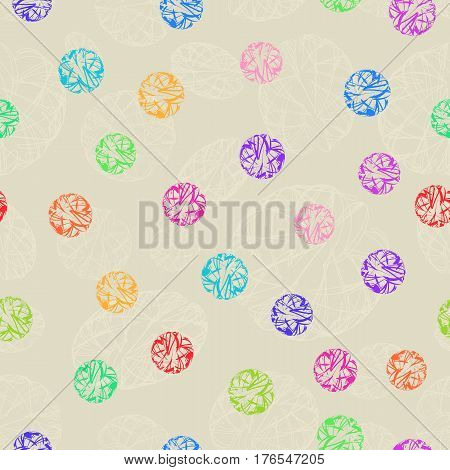 Seamless Colorful Decorative Ornament Polka Dot. Continuous Pattern Colored Circles on Light Beige Background for Fabric Textile Wrapping Paper.