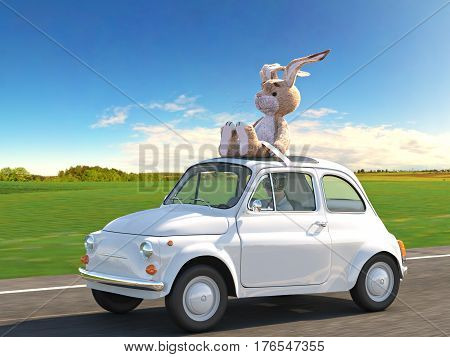 woman rushes in a car with bunny toy on roof. 3d rendering