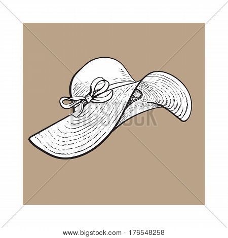 Fashionable straw hat with wide flaps, summer vacation attribute, sketch vector illustration isolated on brown background. Hand drawn floppy straw hat, symbol of summer vacation