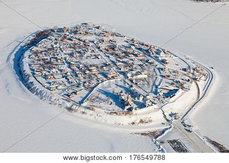 Sviyazhsk. Tatarstan. Russia - February 03, 2017: the island-town of Sviyazhsk from above during flight in cold winter day